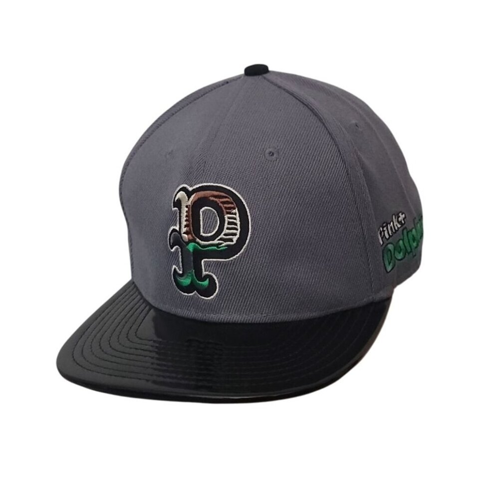 Pink + Dolphin Strapback Baseball Hat Patent Bill Embroidered P Logo Gray Black